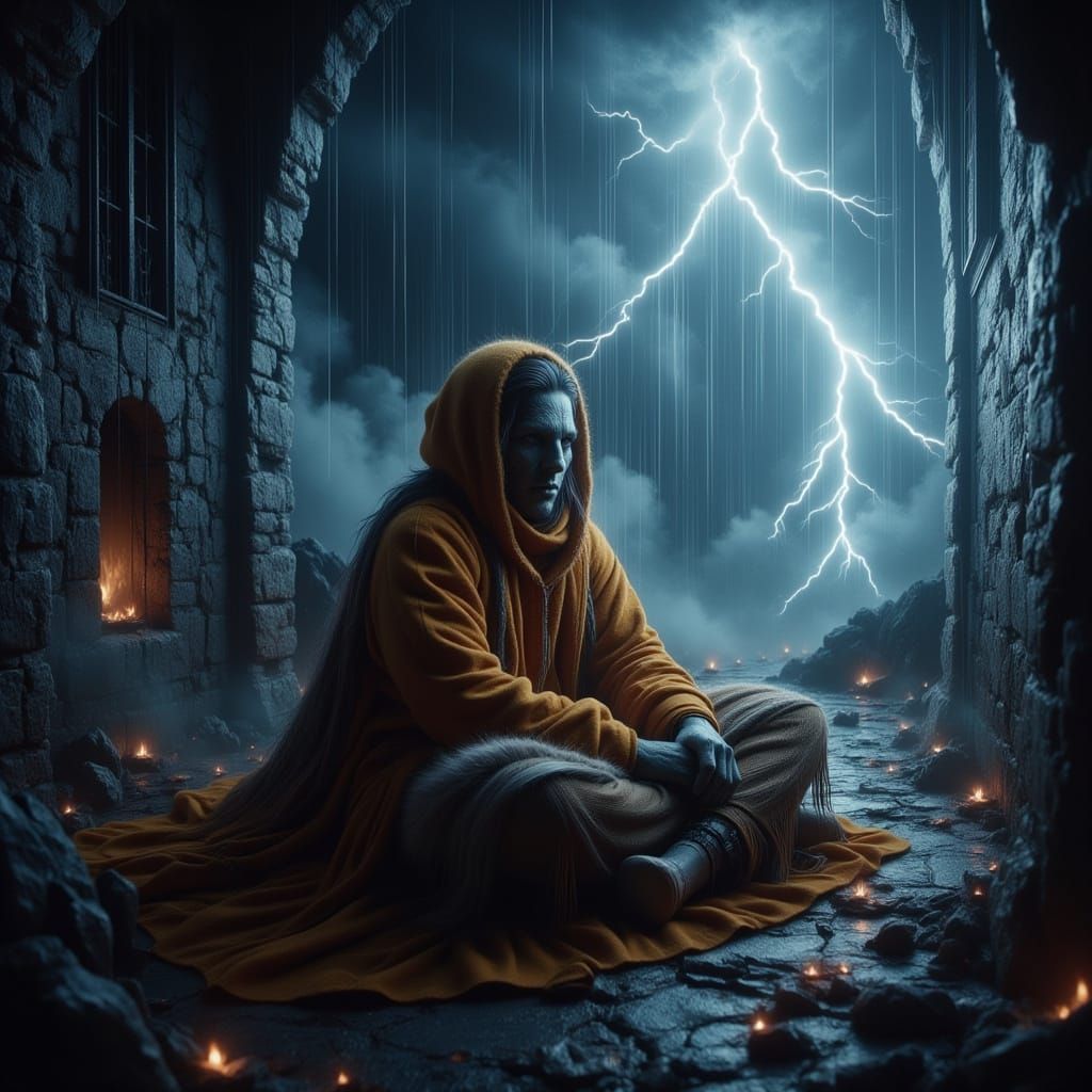 Serene Cocoon: Person in an Unreal Storm