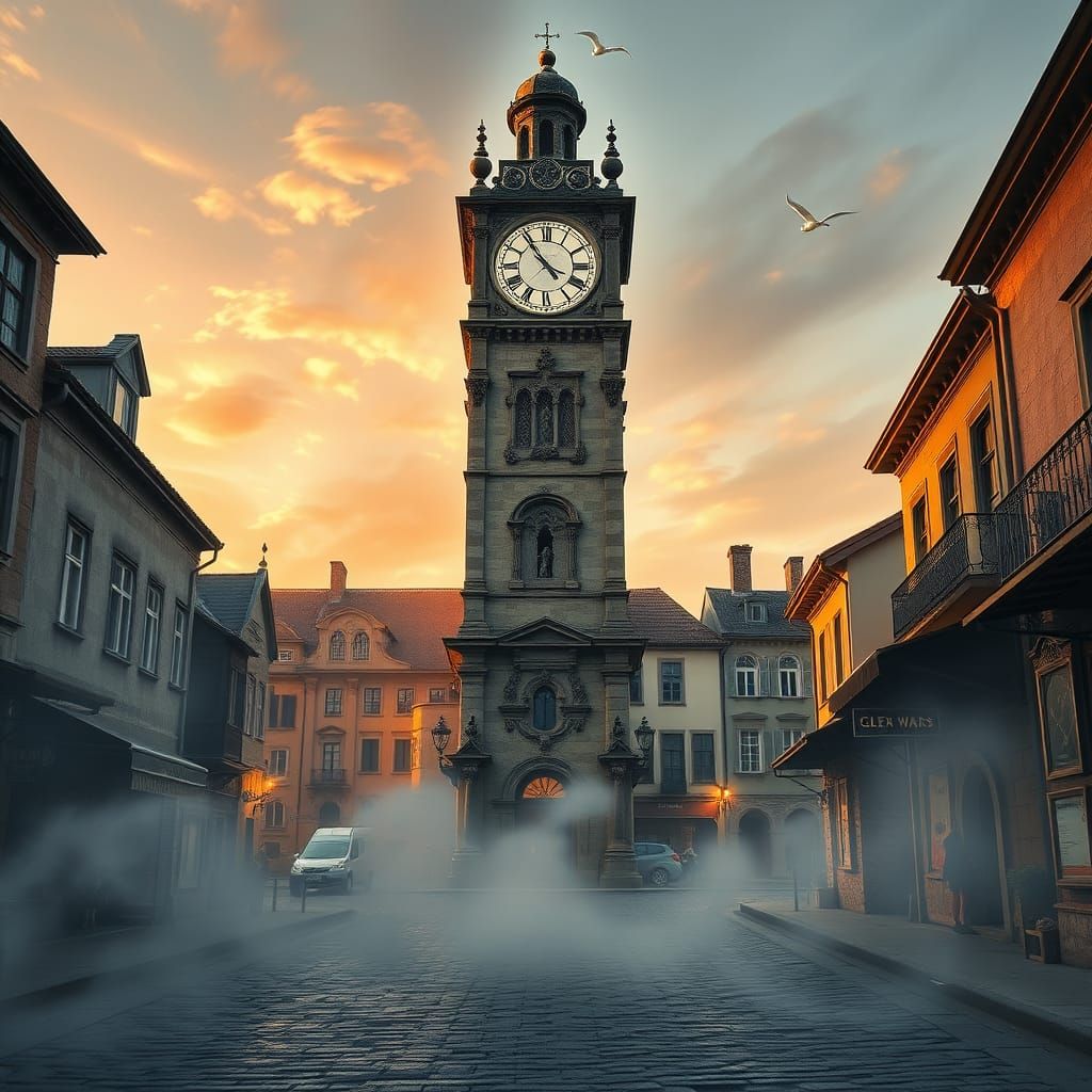 Majestic Clock Tower in Whimsical Dawn Town Square