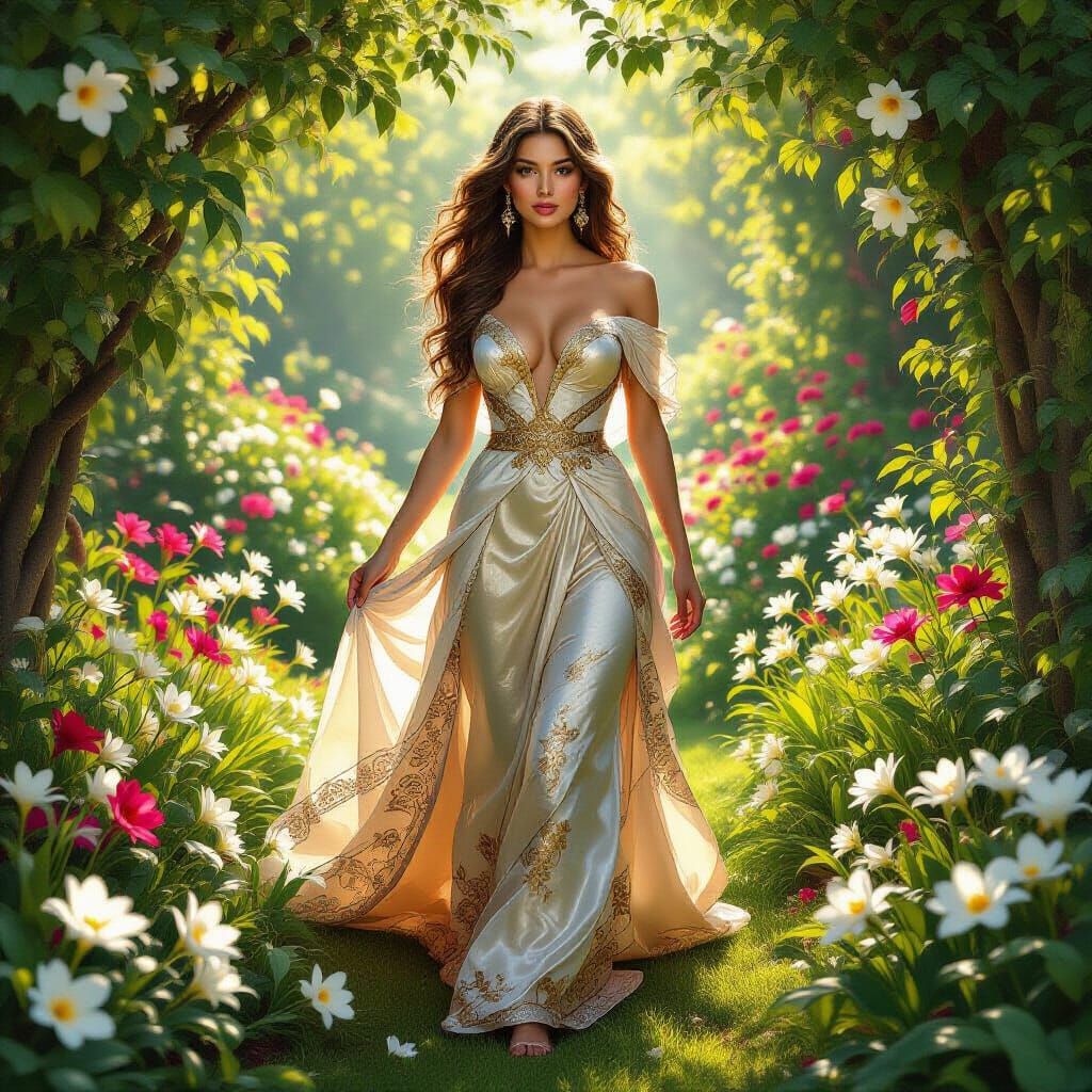 Golden Haired Woman in Lush Garden: Hyperrealistic Art