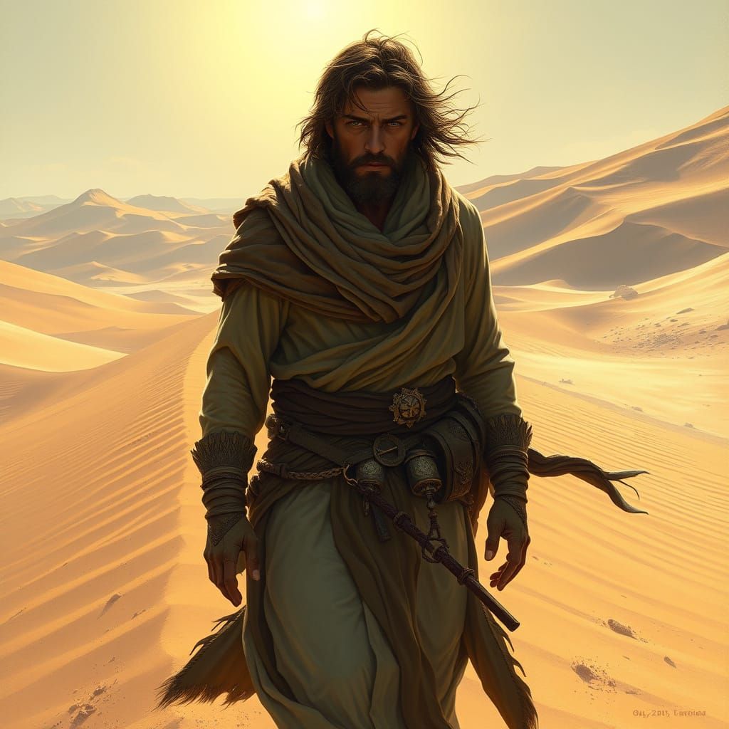Mysterious Desert Wanderer in Dark Fantasy Style