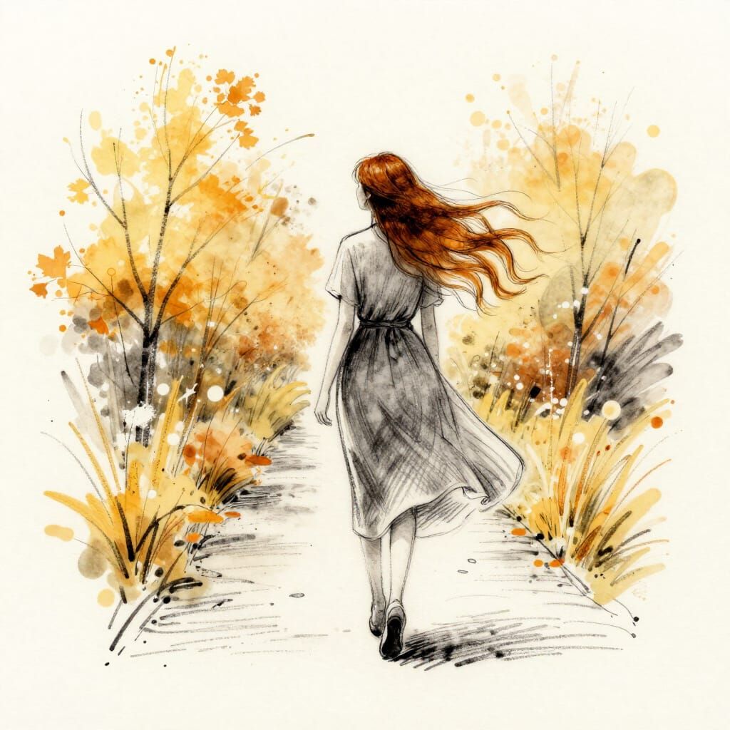 Amber Haired Woman in Autumn Landscape Charcoal Sketch