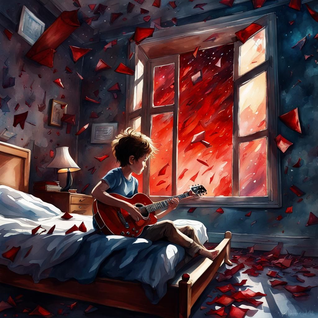 Boy Gazing at Ceiling with Floating Shards, Watercolor