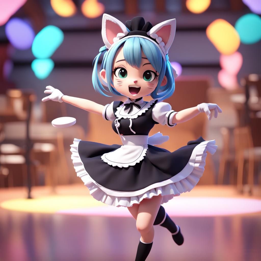 Anime Maid Catgirl Dancing: 3D Digital Art