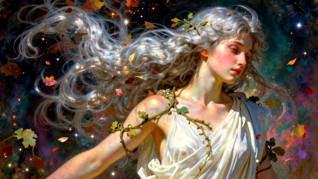 Flirtatious Nymph Portrait in Sunlight with Falling Petals