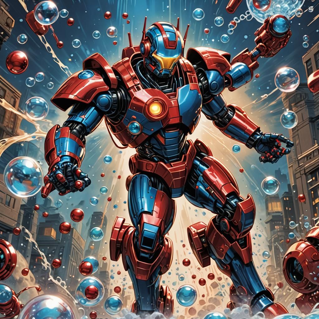 Superhero Nitro Attacks Robot with Bubbles, Comic Art