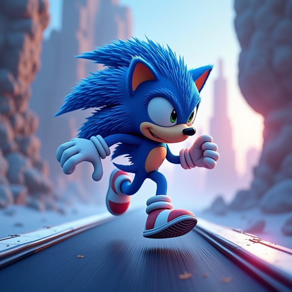 Blue Hedgehog Runs on Treadmill in Art Deco Style