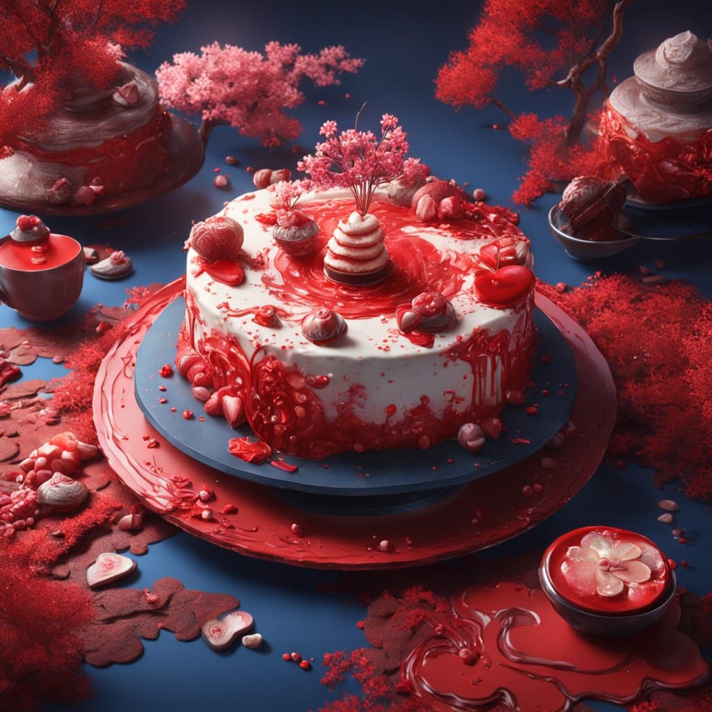 Surreal Japanese Dessert Scene in Deep, Rich Colors