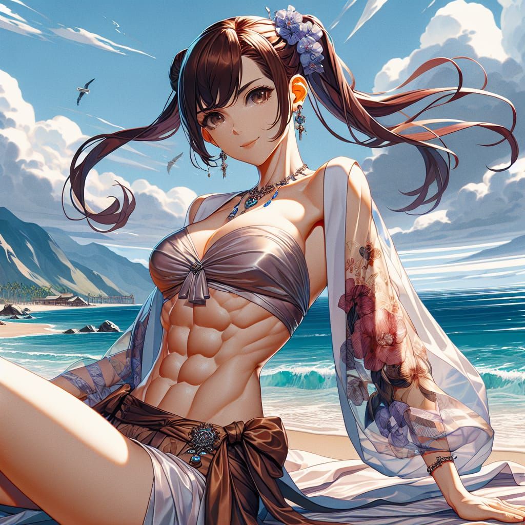 Anime Woman with Muscular Body on Beach