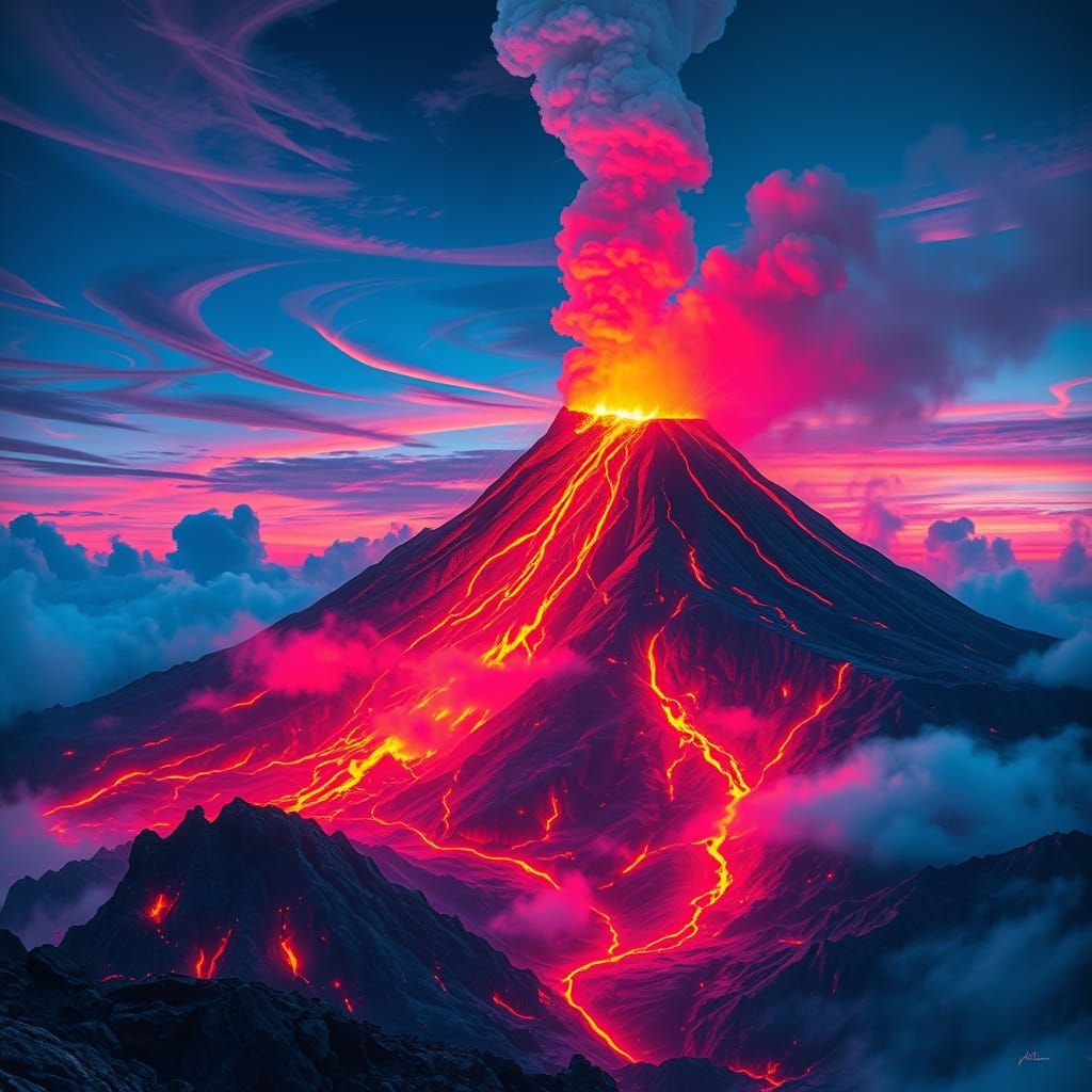 Ethereal Volcano Eruption at Dusk, in Neon-Lit Retro-Futuris...