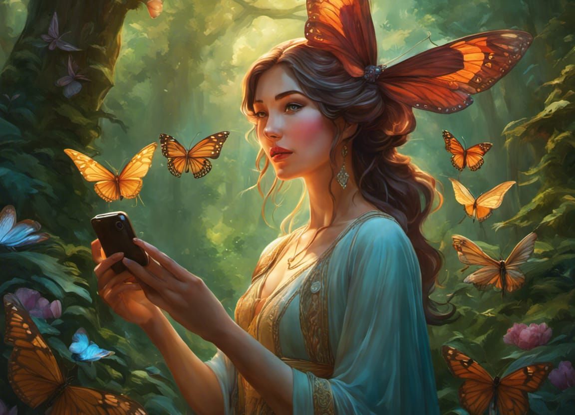"selfie" of adorable woman taking a selfie with magical fore...