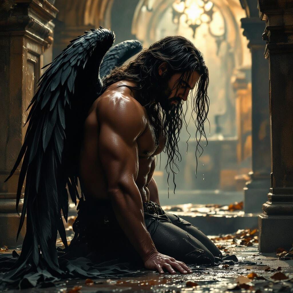 Fallen Angel Weeping in Mausoleum, Dark Romanticism