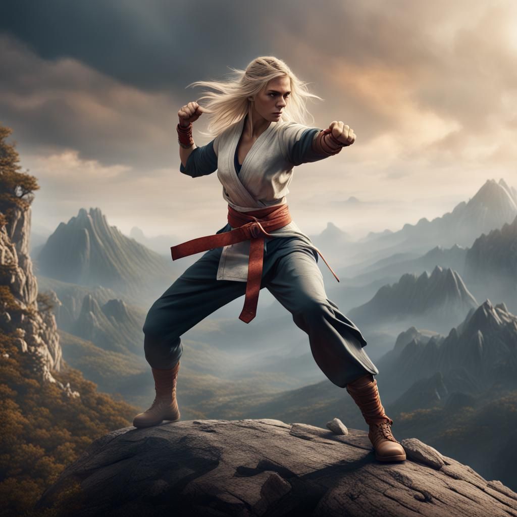 Blonde Martial Artist Practicing on Mountain Top