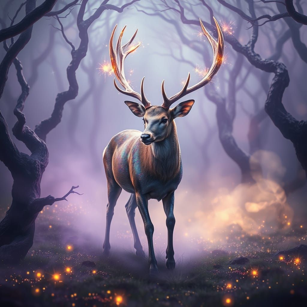 Mystical Deer with Stardust Antlers in Ethereal Forest