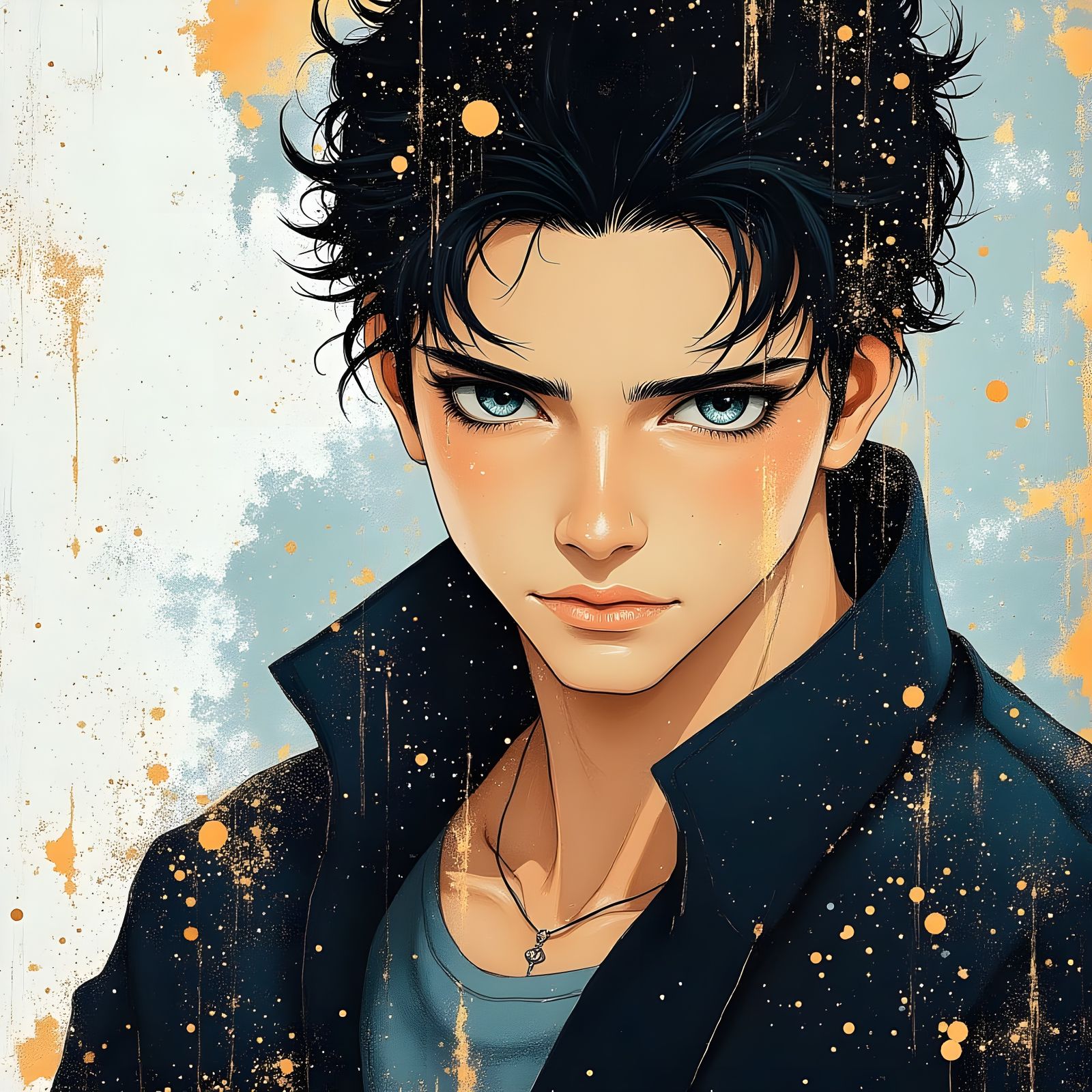 Handsome Man with Striking Blue Eyes in Araki Style