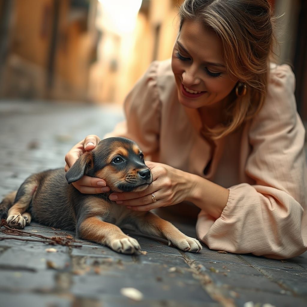 Compassionate Lady Helping Wounded Puppy on Street