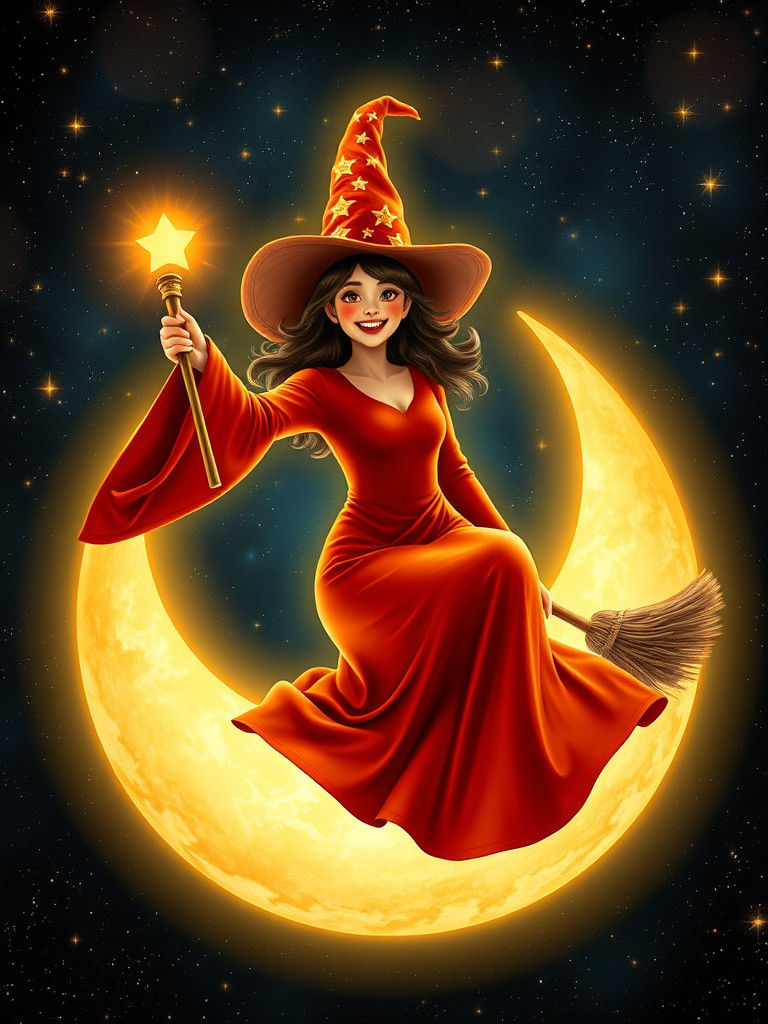 Joyful Witch on Crescent Moon in Art Nouveau Style