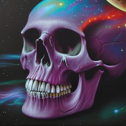 Cosmic Skull Oil Painting in Synthwave Style