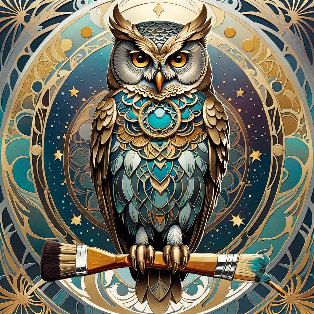 Art Nouveau Owl with Brush in Art Deco Style
