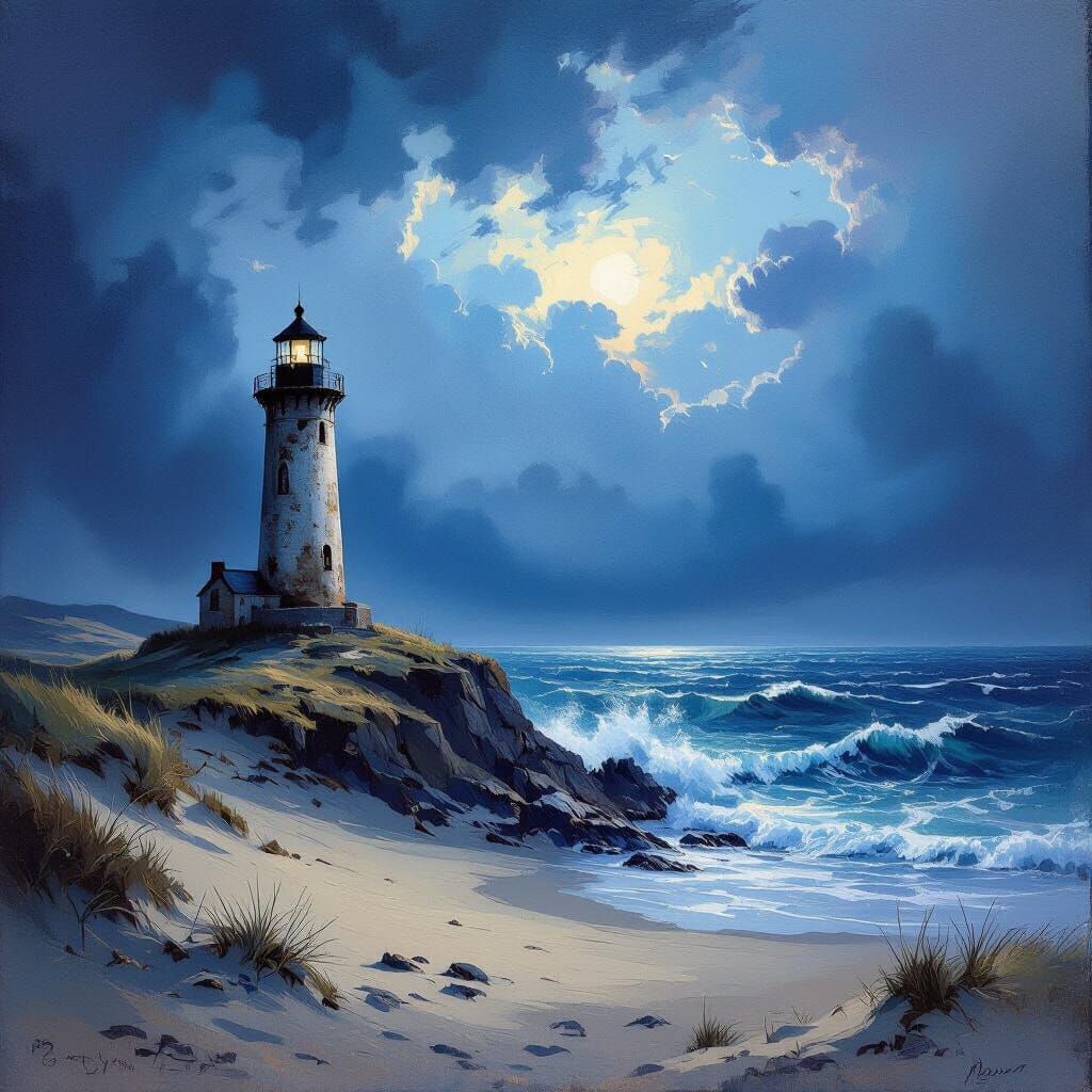 Weathered Lighthouse on Craggy Cliff Overlooking Turbulent S...