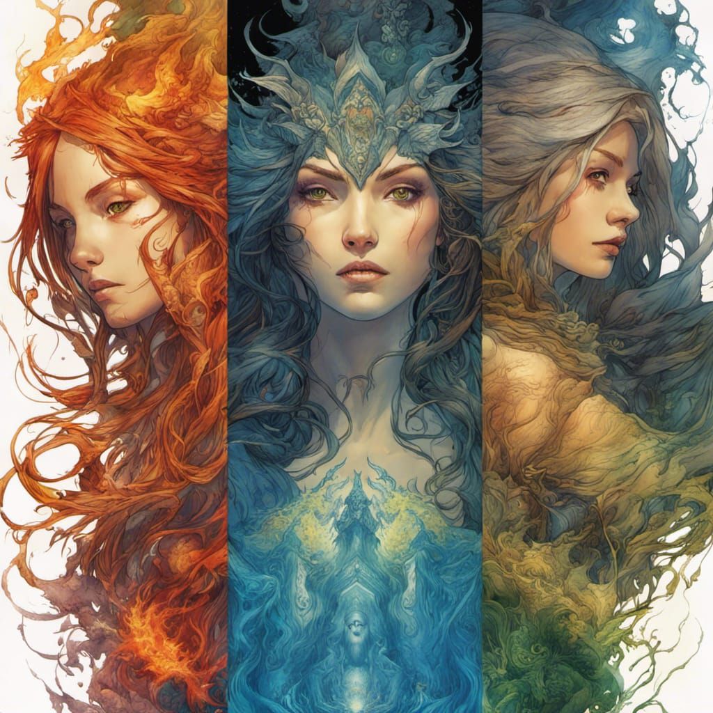 Elemental Sister Witches by Charles Vess in 8K