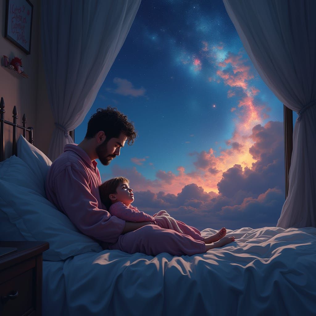 Comforting Father and Child in Dreamlike Bedroom