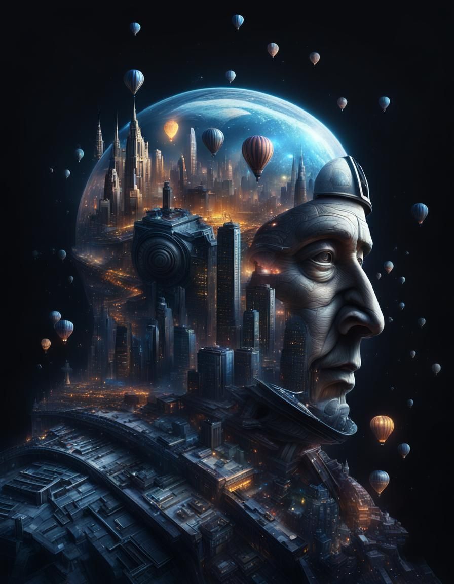 Futuristic Cityscape with Spaceship Balloons