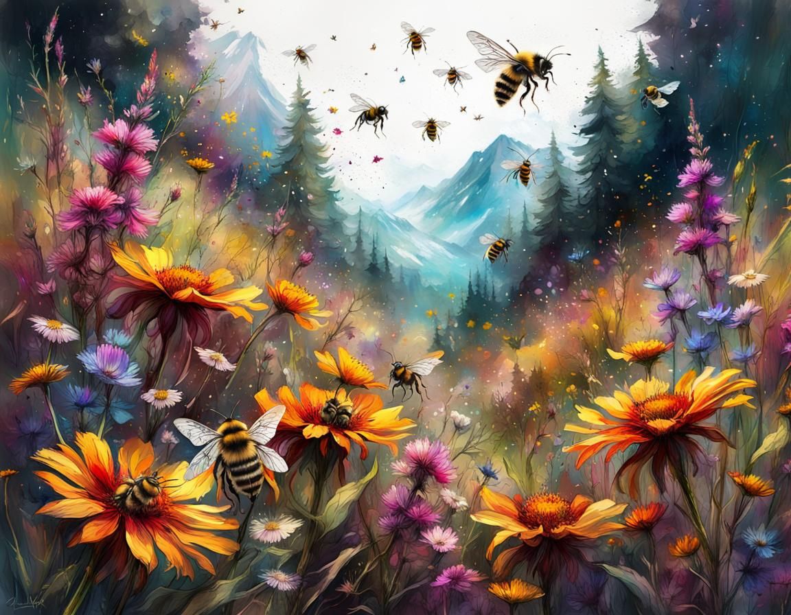 Butterflies and Bees on Summer Wildflowers, Ink Art