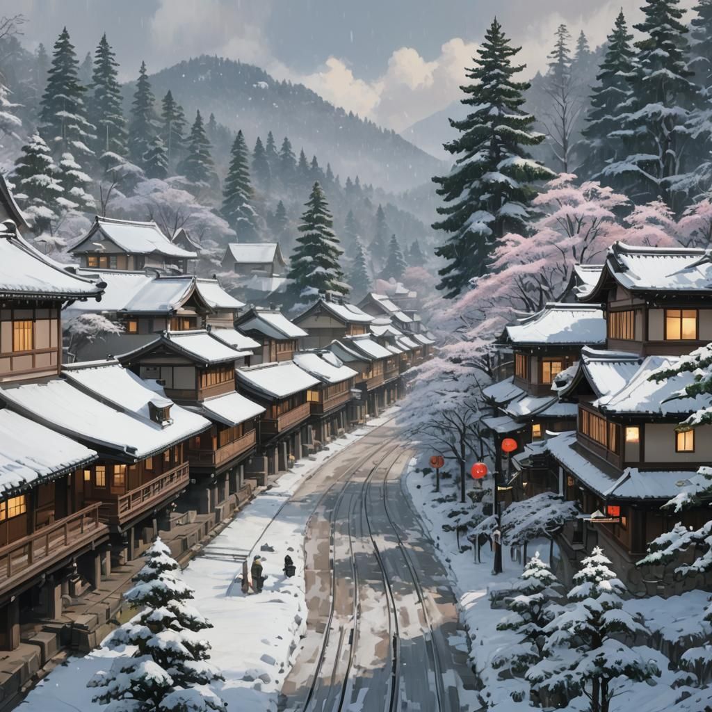 Winter Snowstorm in Japanese Anime Village