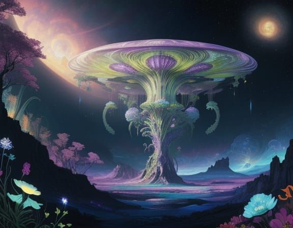 Surreal Alien Landscape with Cosmic Elements