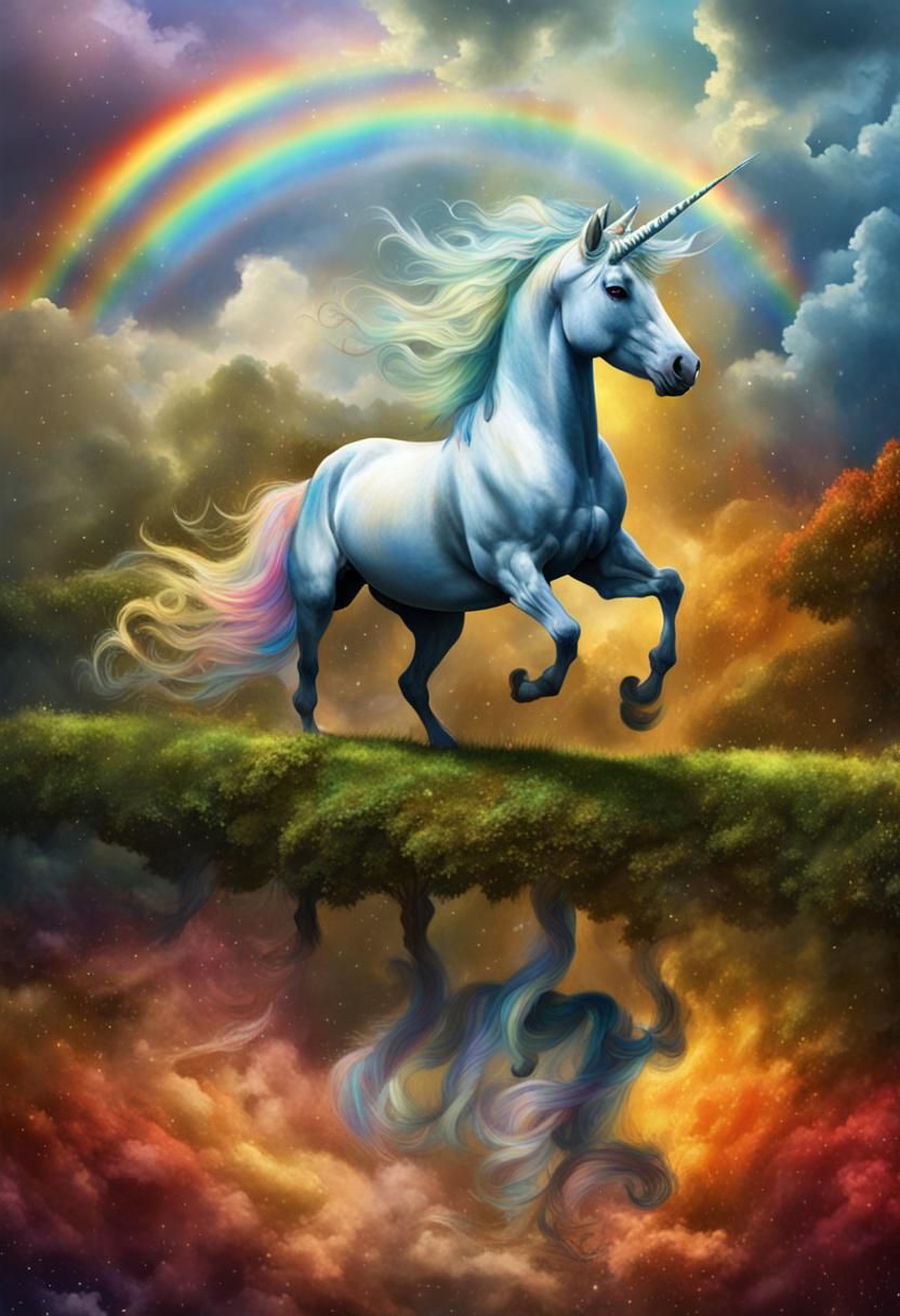 Fantasy Unicorn Under Rainbow: Medieval Painting