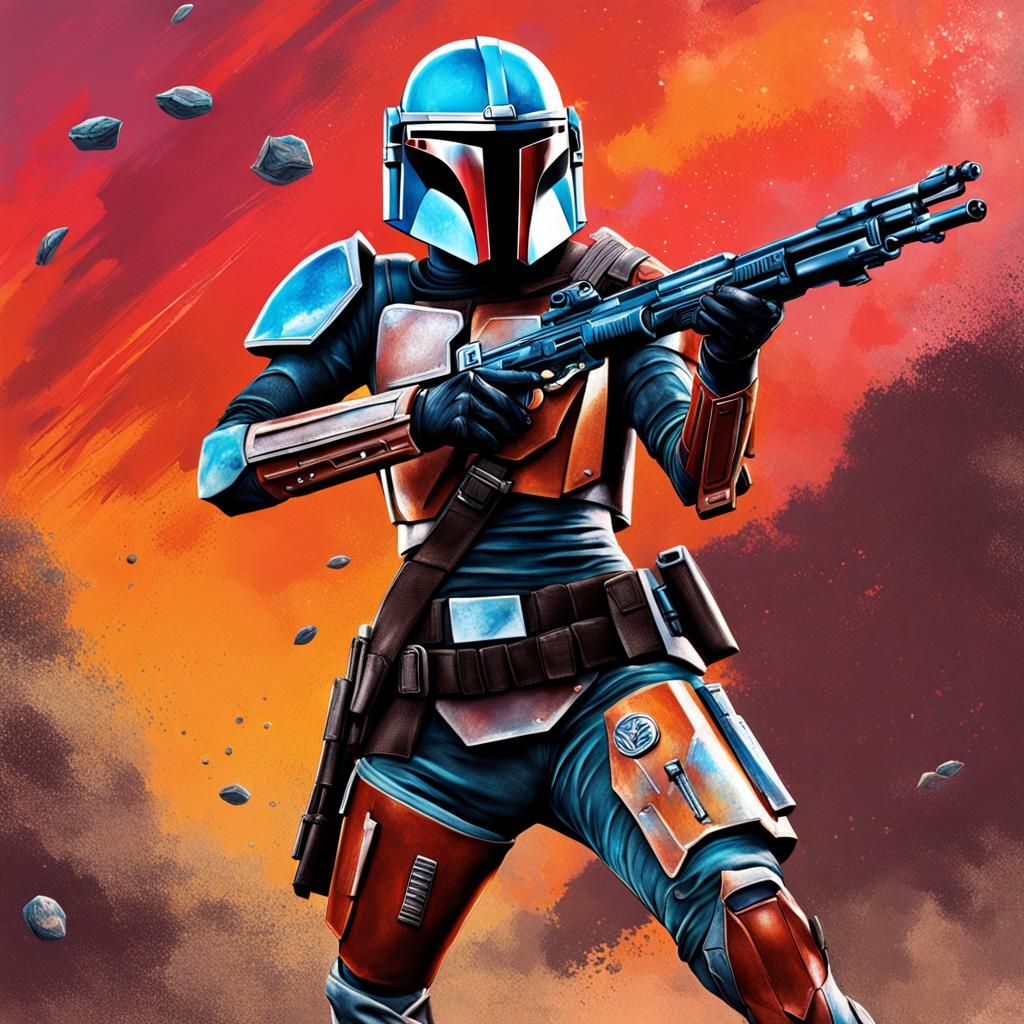 Hyperrealistic Female Mandalorian Warrior with Blasters