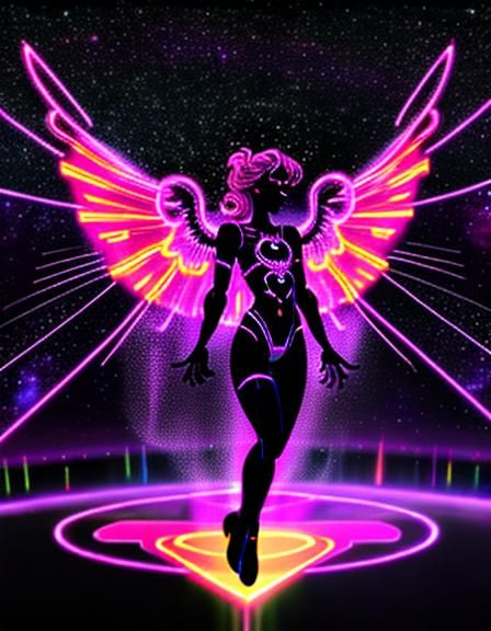 Neon Space Angel with Mist Wings in Vaporwave Style