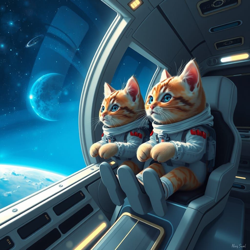 Kittens Explore Vibrant Blue Nebula in Futuristic Spaceship