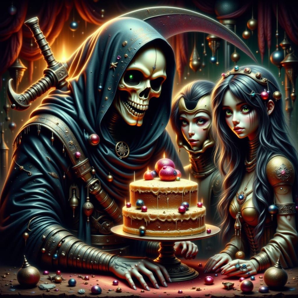 Grim Reaper Offers Cake or Death in Darkly Comedic Art