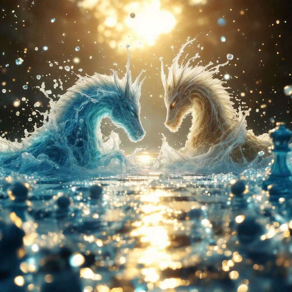 Water Knight vs Liquid Warrior on Glass Chessboard