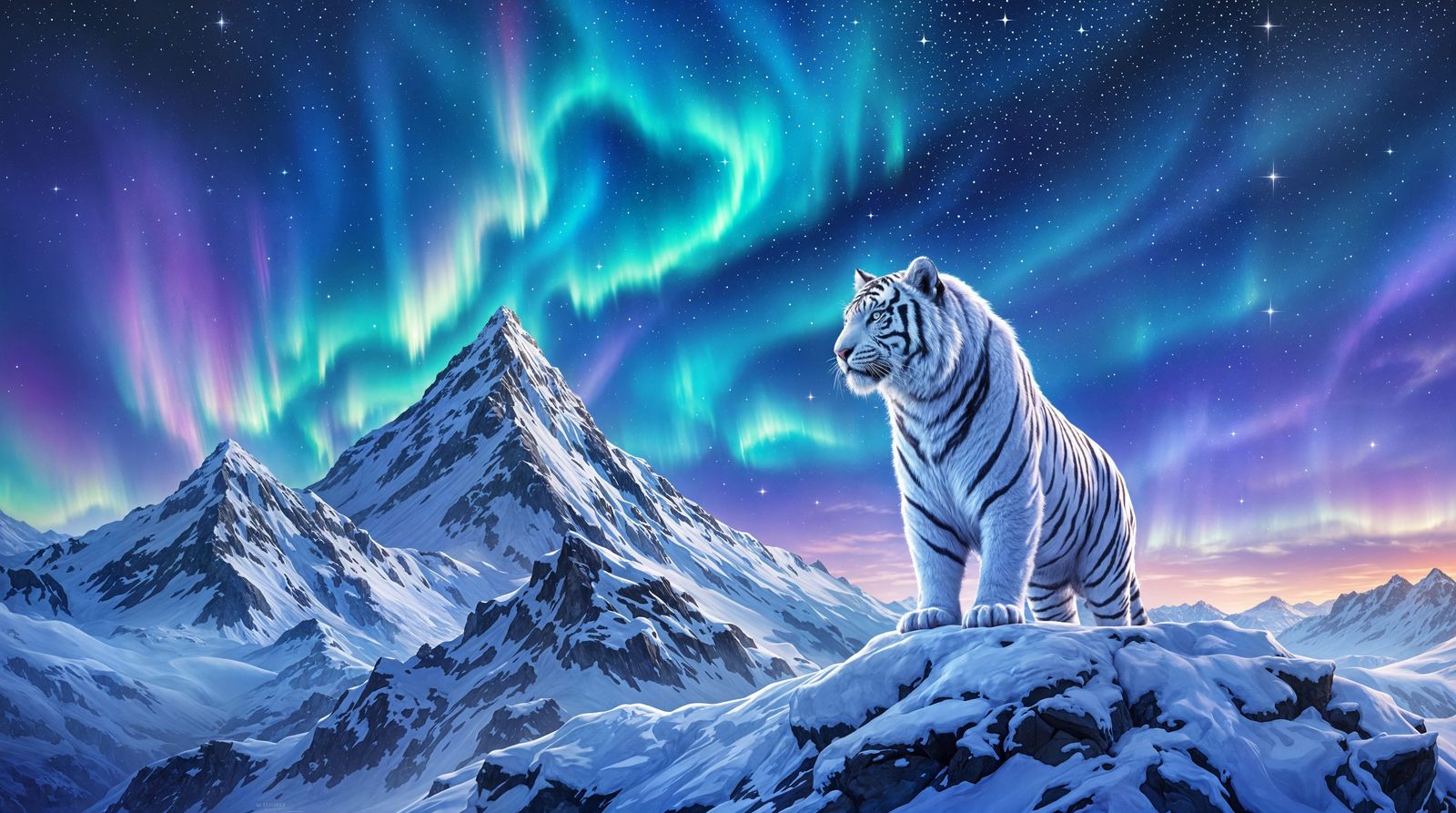Surreal Tiger Amidst Vibrant Aurora Borealis