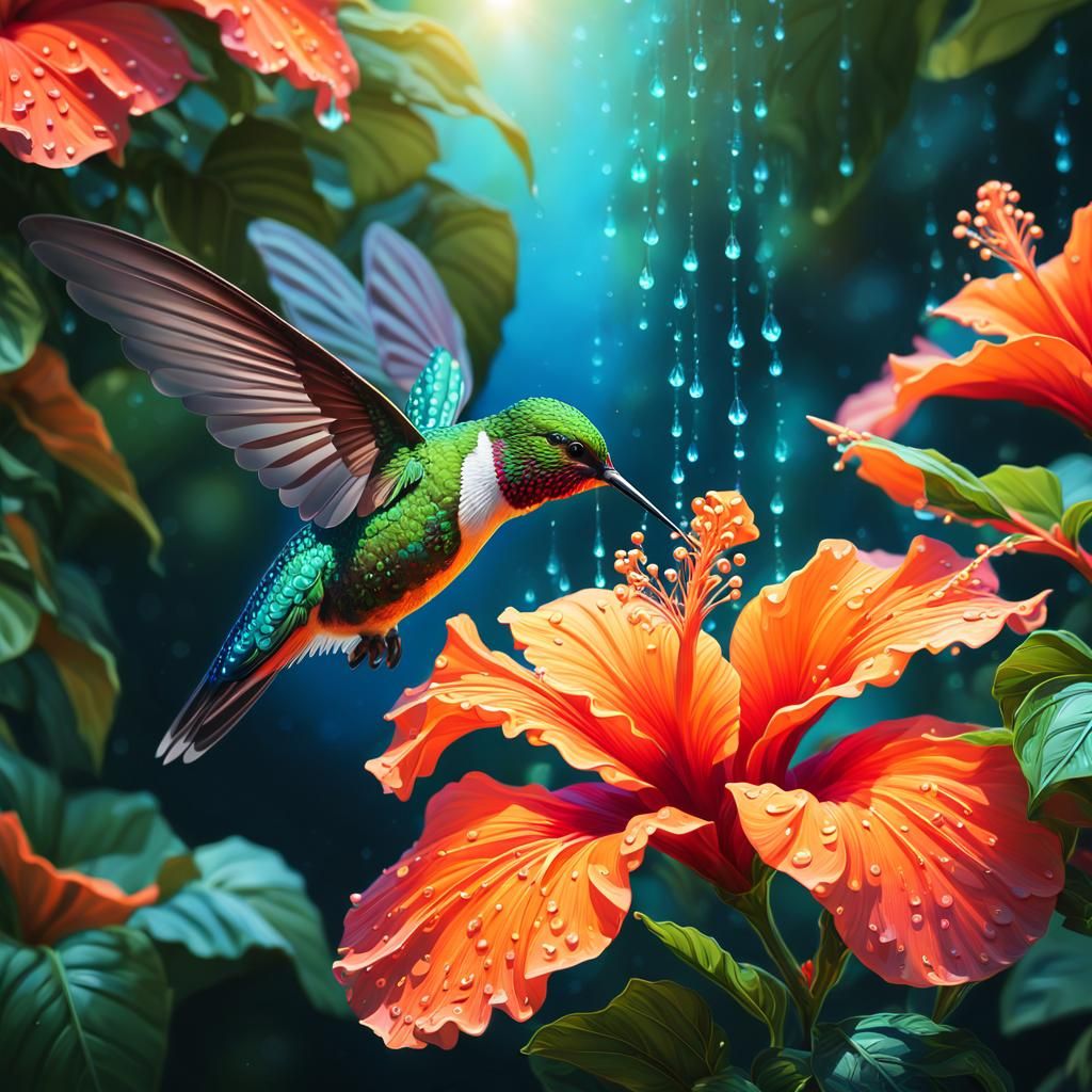 Hummingbird Feeds on Hibiscus Flower: Fantasy Art