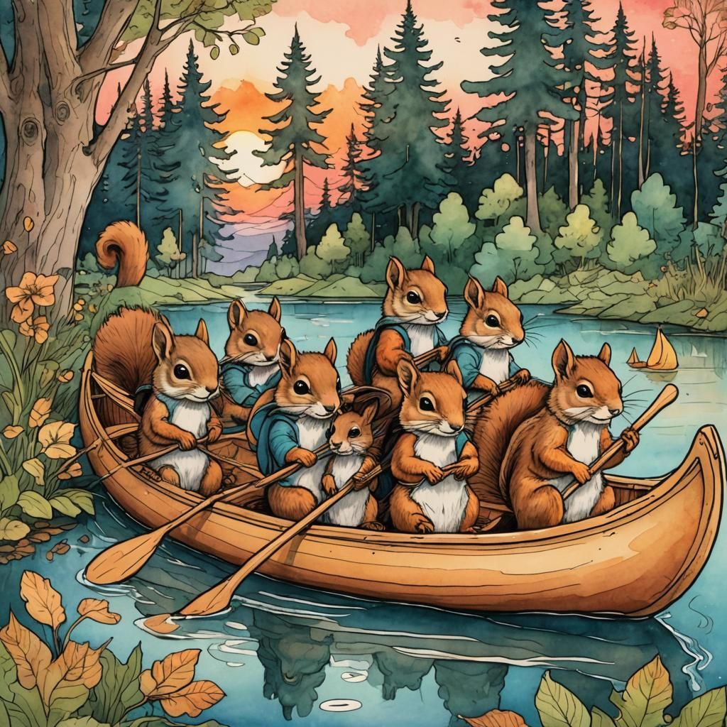 Squirrels Canoe Sunset Storybook Illustration