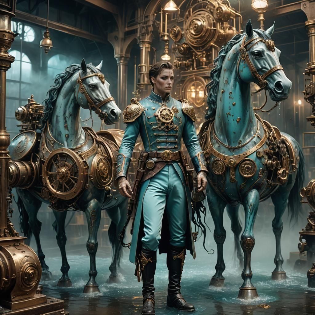 Steampunk Porcelain Goddess Warrior on Water Horse