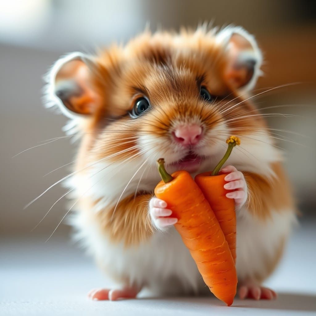 Fluffy Hamster Holding Carrot in Studio Light