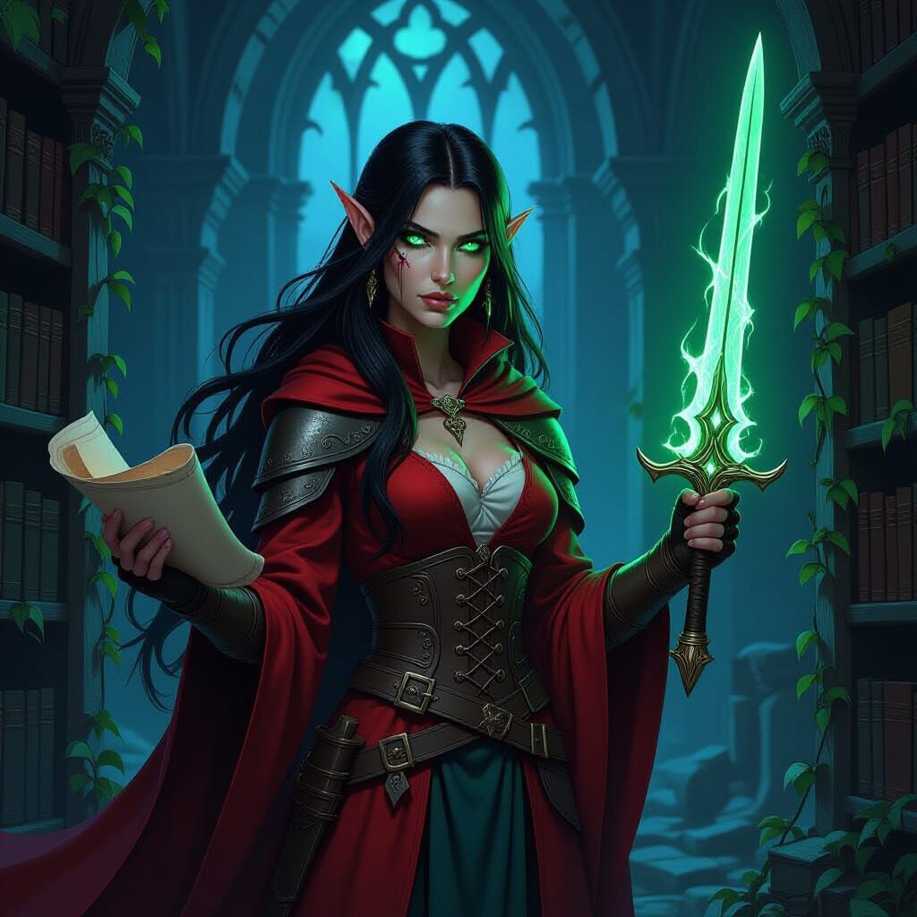 Elven Wizard in Ruined Library with Glowing Sword