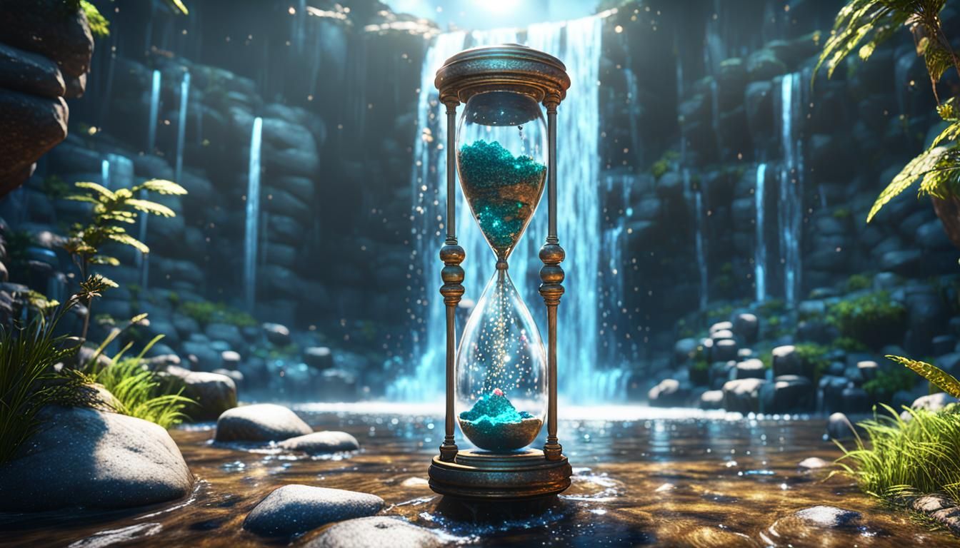 Sparkling Waterfall Hourglass in 3D Cinematic Style