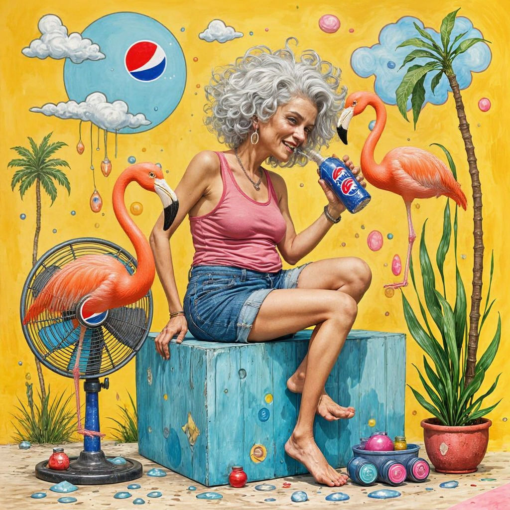 Whimsical Older Woman Cooling Off on Ice