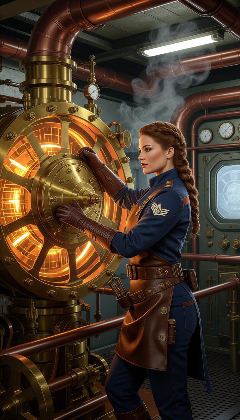 Steampunk Starfleet Chief Engineer Adjusting Warp Core