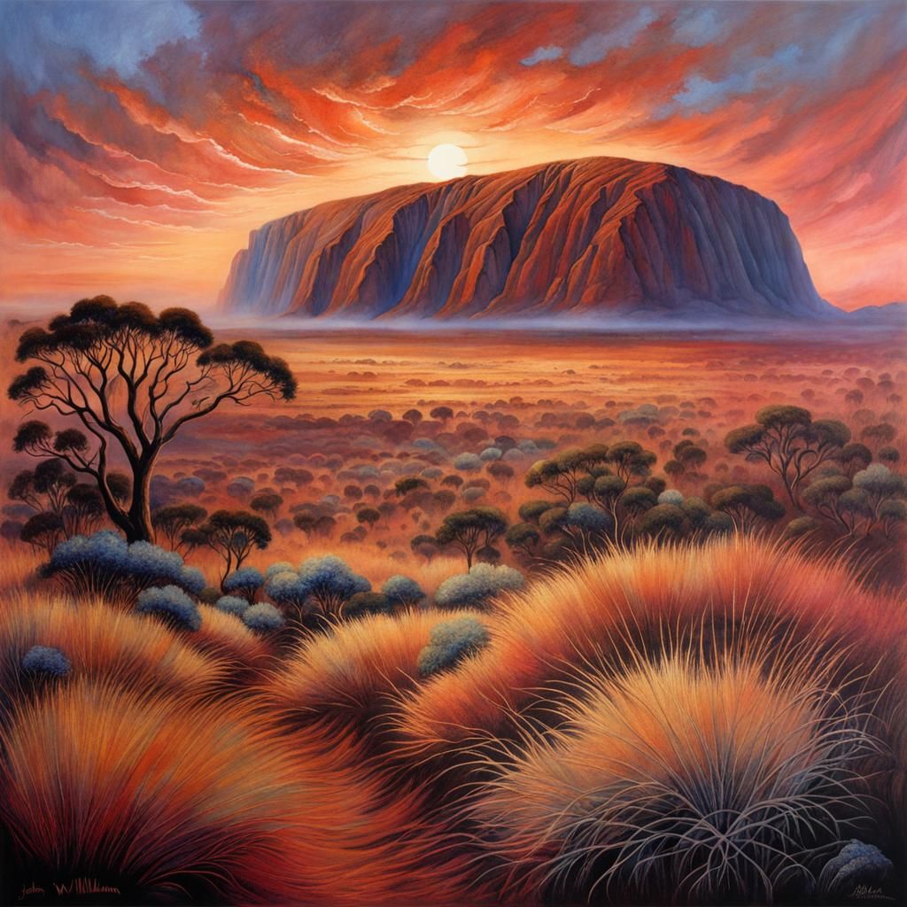 Ethereal Uluru Sunset Fantasy in Dark Watercolor