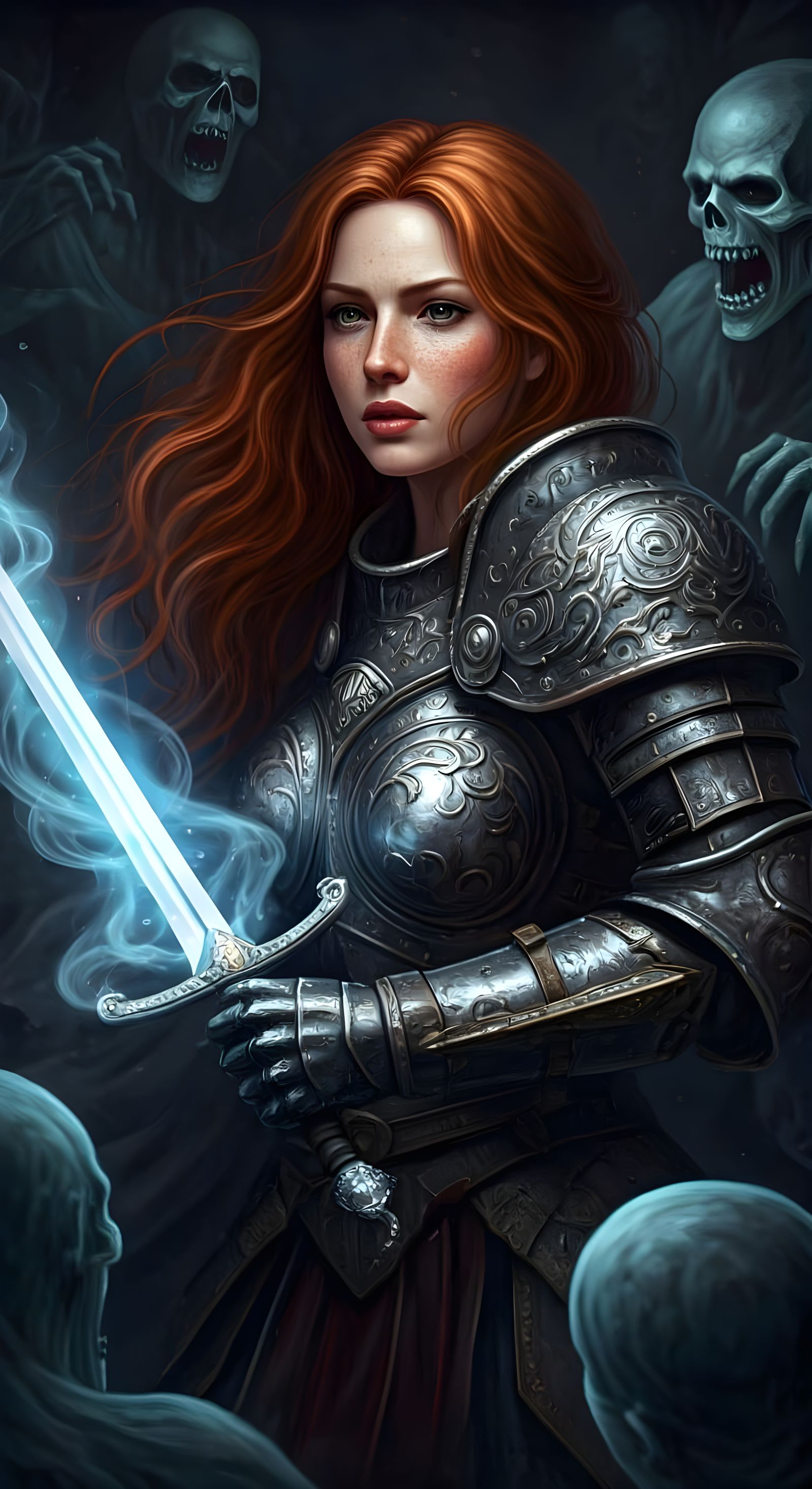 Gorgeous Redhead Battles Malevolent Spirits in Pewter Armor