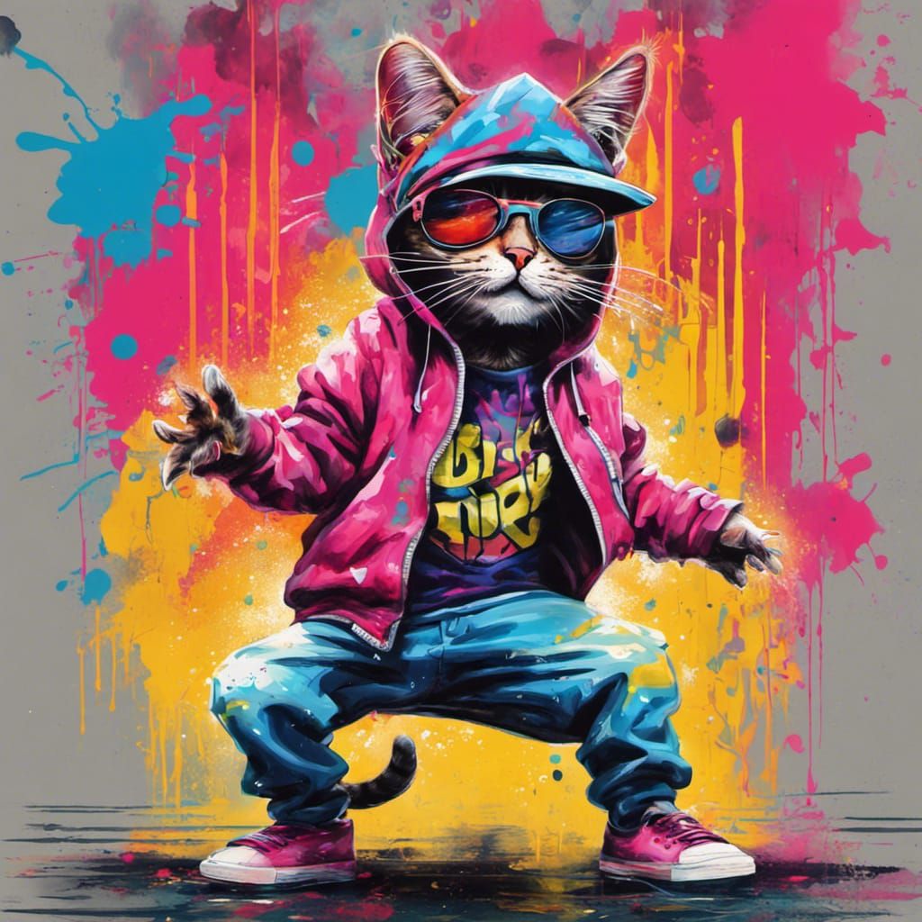 Cat as 80s Hip-Hop Dancer in Graffiti Art