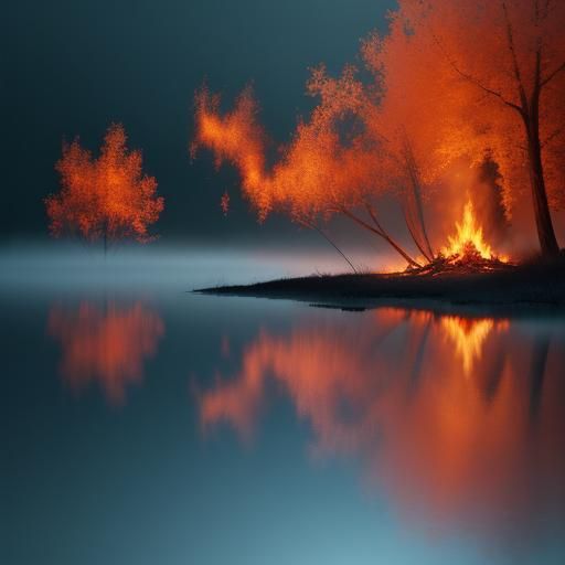 Bonfire Reflections on Misty Lake: Dreamlike Oil Painting