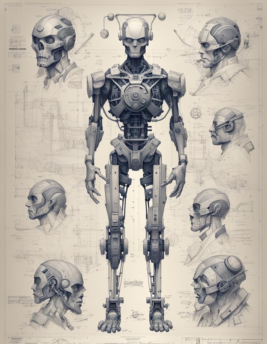 Mechanical Human Body Blueprint in Technical Art Style