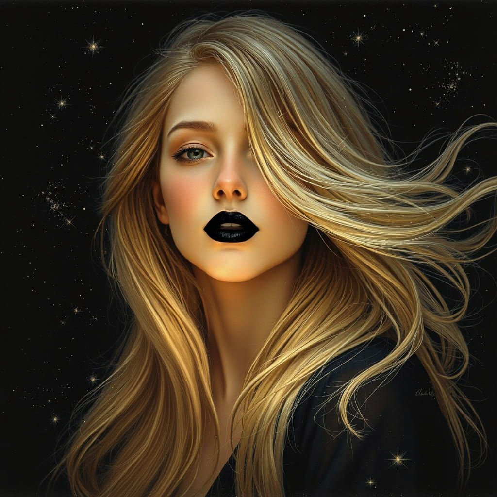 Ethereal Woman Blowing Kiss in Dreamlike Starlight